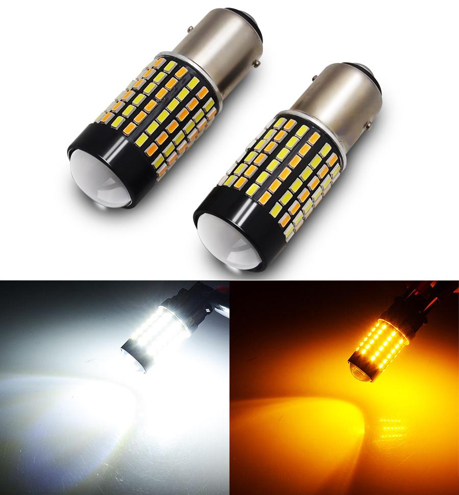 1157 (BAY15D/2037) 120-SMD 3014 LED Switchback Bulbs with Projector, White/Yellow - Autolizer