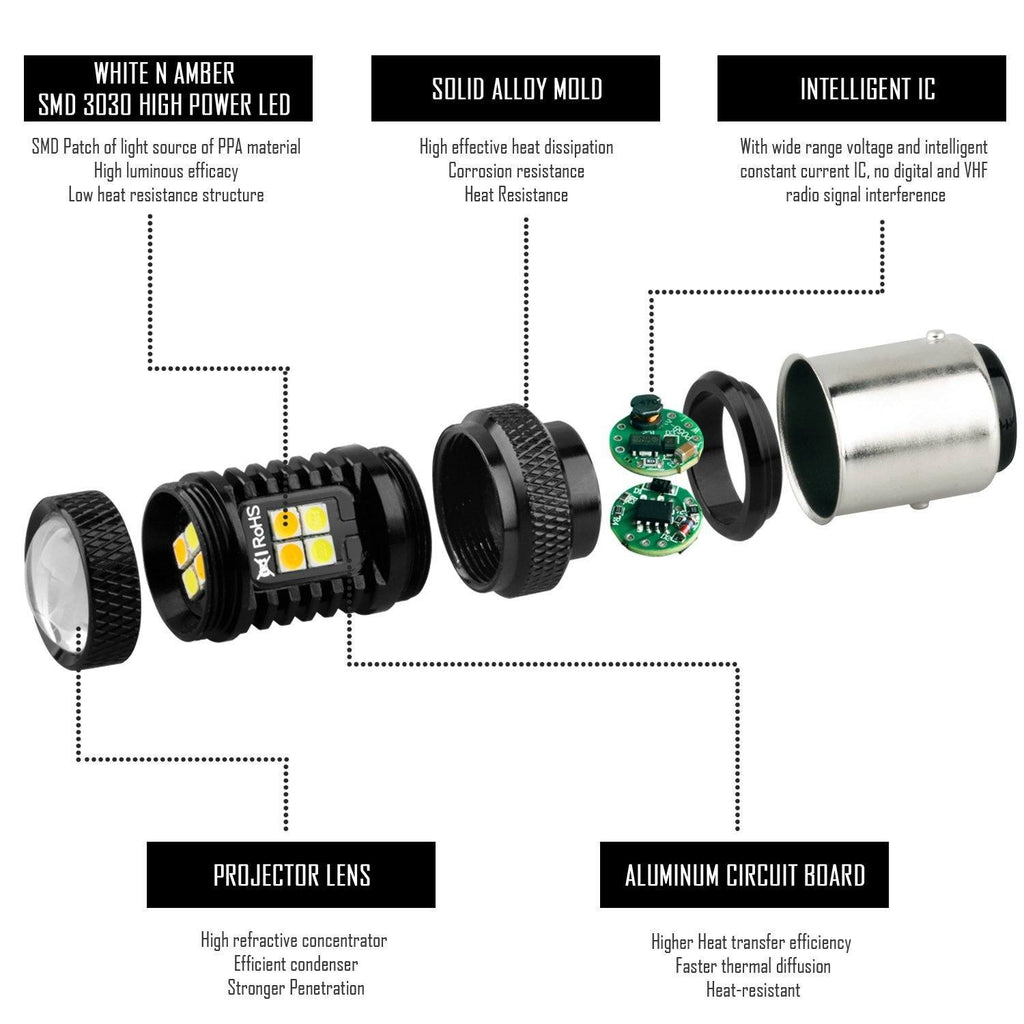 1157 (BAY15D/2037) CanBUS 16-SMD 3030 LED Switchback Bulbs, White/Yellow - Autolizer