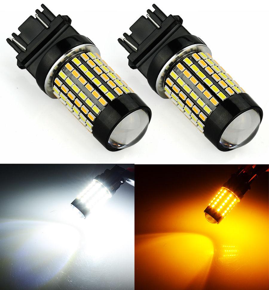 3157 (3156/3056/3057) 120-SMD 3014 LED Switchback Bulbs with Projector, White/Yellow - Autolizer