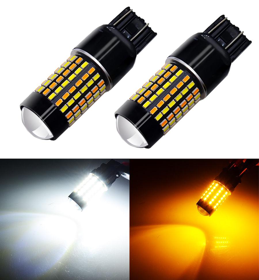 7443 (7440/7441/T20) 120-SMD 3014 LED Switchback Bulbs with Projector, White/Yellow - Autolizer