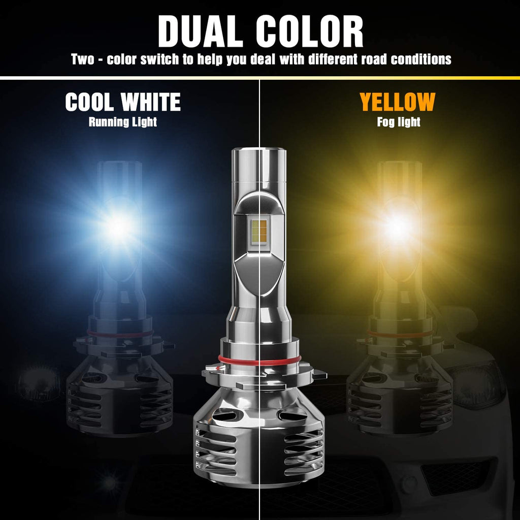 GPNE 9012 LED Headlihgt Bulbs High and Low Beam 12000LM Conversion Kit with CSP Chips 6000K White Yellow Twin Dual Colors IP68 Waterproof, Pack of 2 - Autolizer