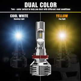 GPNE H11/H8/H9 LED Headlight Bulbs 64W 12000LM High Low Beam Super Bright 3000K 6000K Yellow and White 2 Colors LED Headlight Kit Pack of 2 - Autolizer