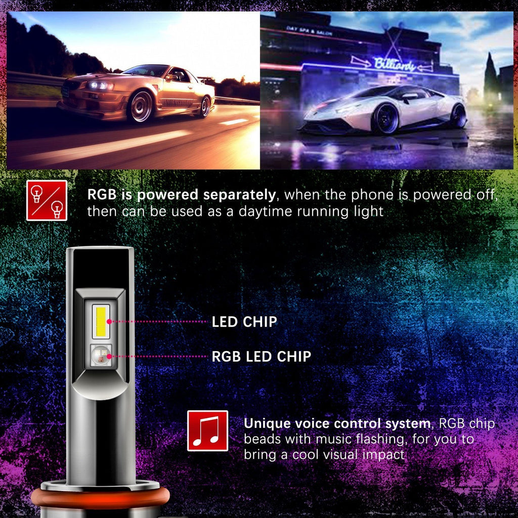 RGB LED Headlight Bulbs Conversion Kit Control by Bluetooth Smartphone App - Autolizer