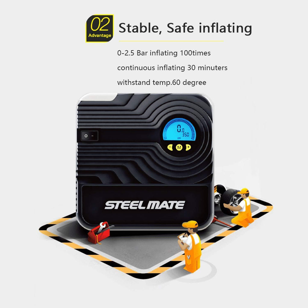 STEEL MATE Tire Inflator Portable Car Air Compressor Pump Digital Auto Emergency Kit - Autolizer