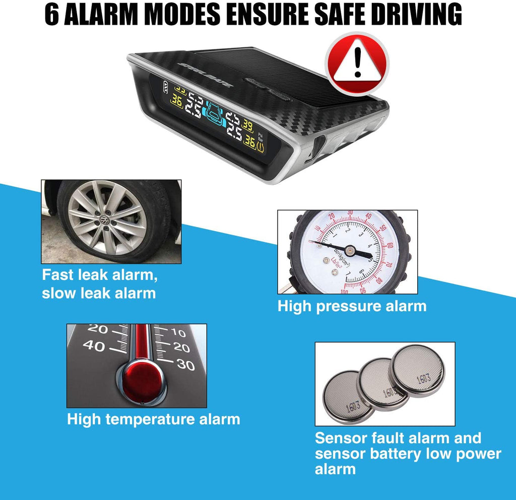 STEEL MATE Tire Pressure Monitoring System for RV Car - Solar Charge, Carbon Fiber Appearance, Auto Backlight & Sleep & Awake Mode - Autolizer