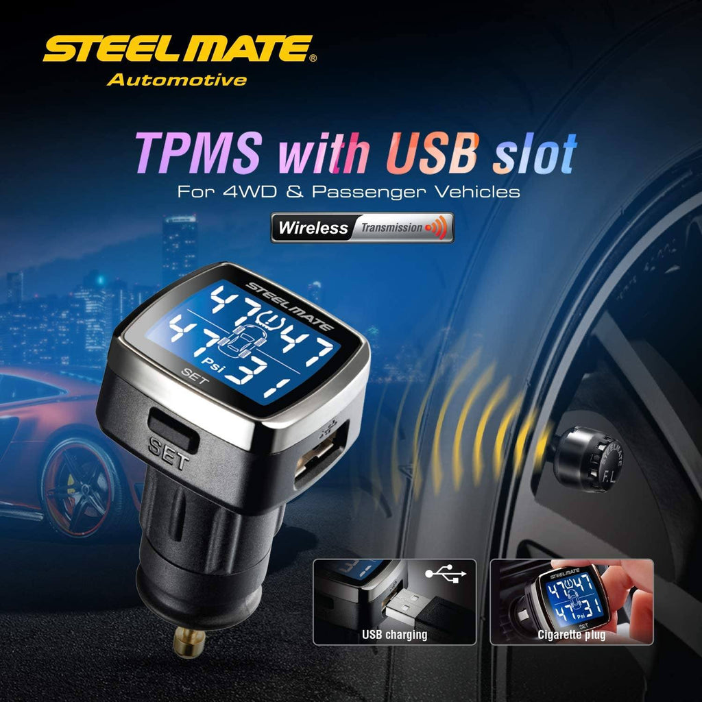 STEEL MATE Universal Wireless Tire Pressure Monitoring System, 4 Advanced External Tmps Sensors, Real-time Alarm Function - Autolizer